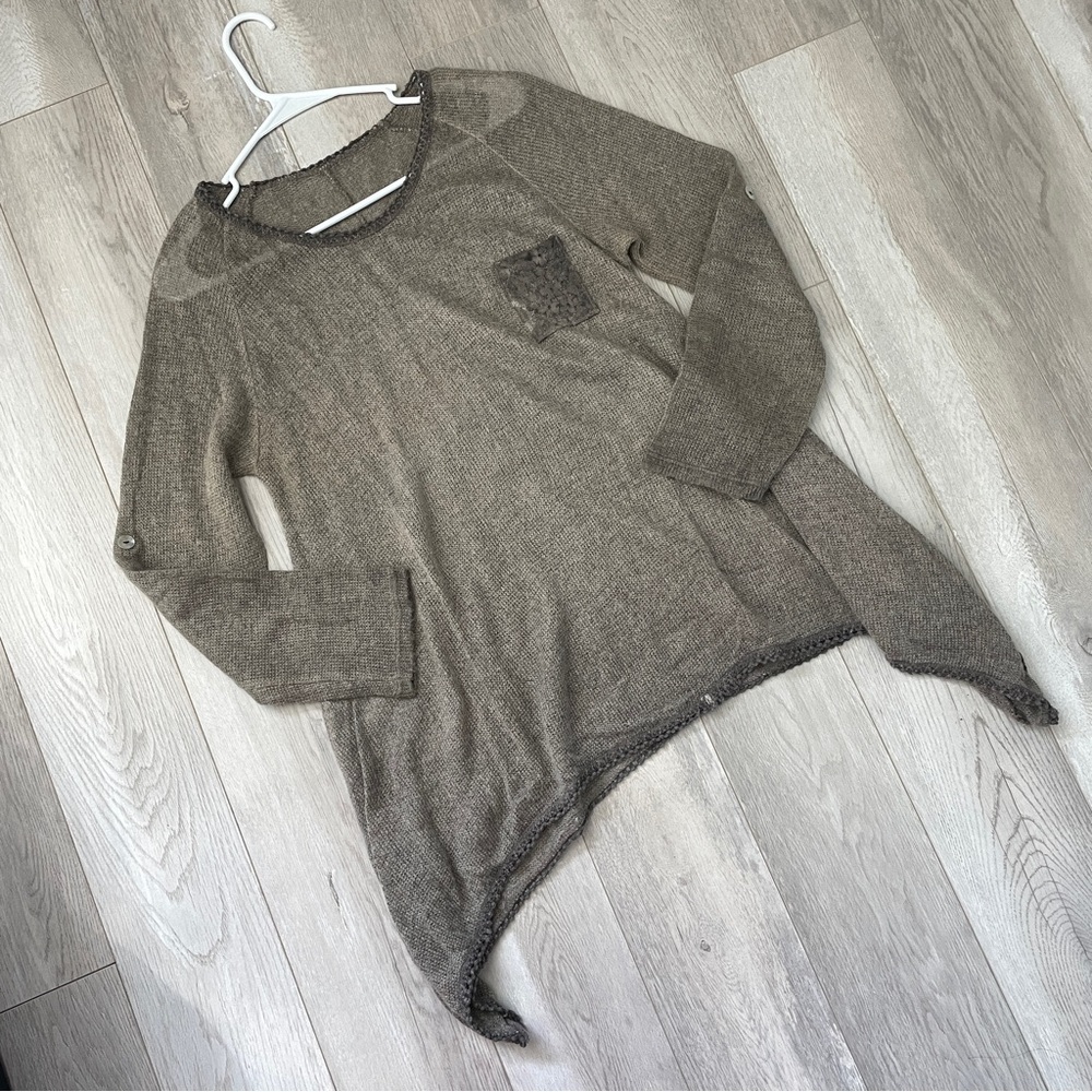 Mohair Sheer Sweater scoop neck asymmetrical long womens Tan (medium) lagenlook